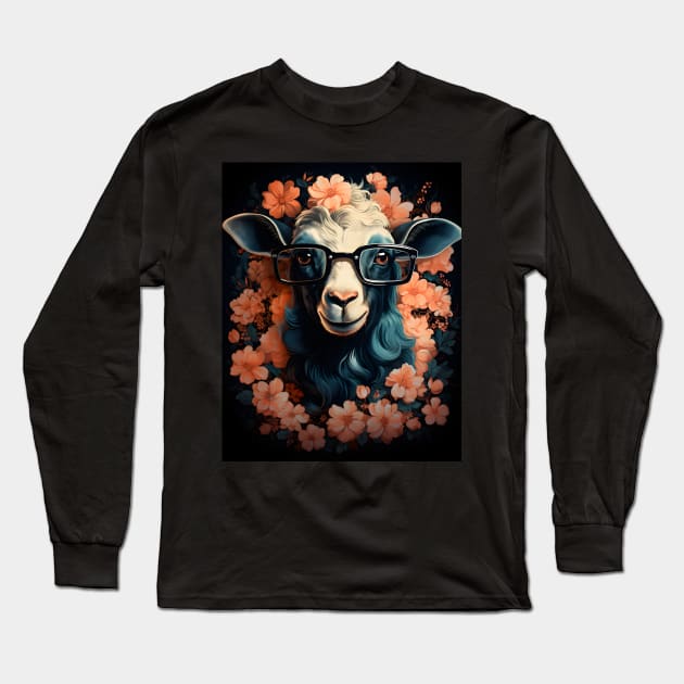 Whimsical Goat wearing Glasses Florals Design Long Sleeve T-Shirt by The Whimsical Homestead